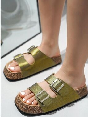 Cape Robbin Alia Gold finish Dual-Buckle Cork Footbed Sandals